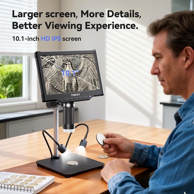 TOMLOV DM10 10.1" Digital Microscope: 1080P 1200X HD IPS Coin Microscope Magnifier for Error Coins with Light, 16MP LCD Soldering Microscopes for Adults with Screen, PC View, 32GB - Image 2